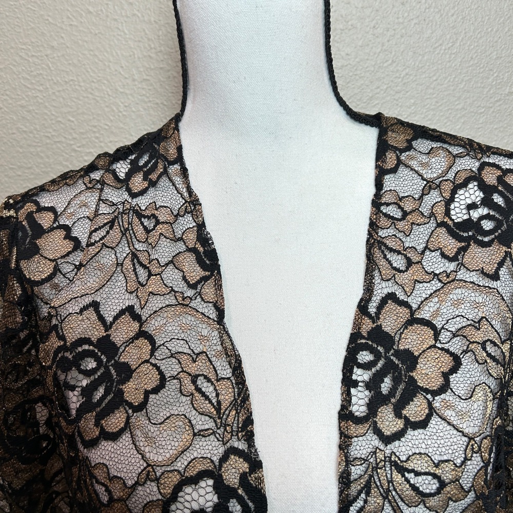 Vintage Lace Bolero Jacket Womens 14 Black Gold Metallic Floral Shrug Sheer Chic - Picture 11 of 15